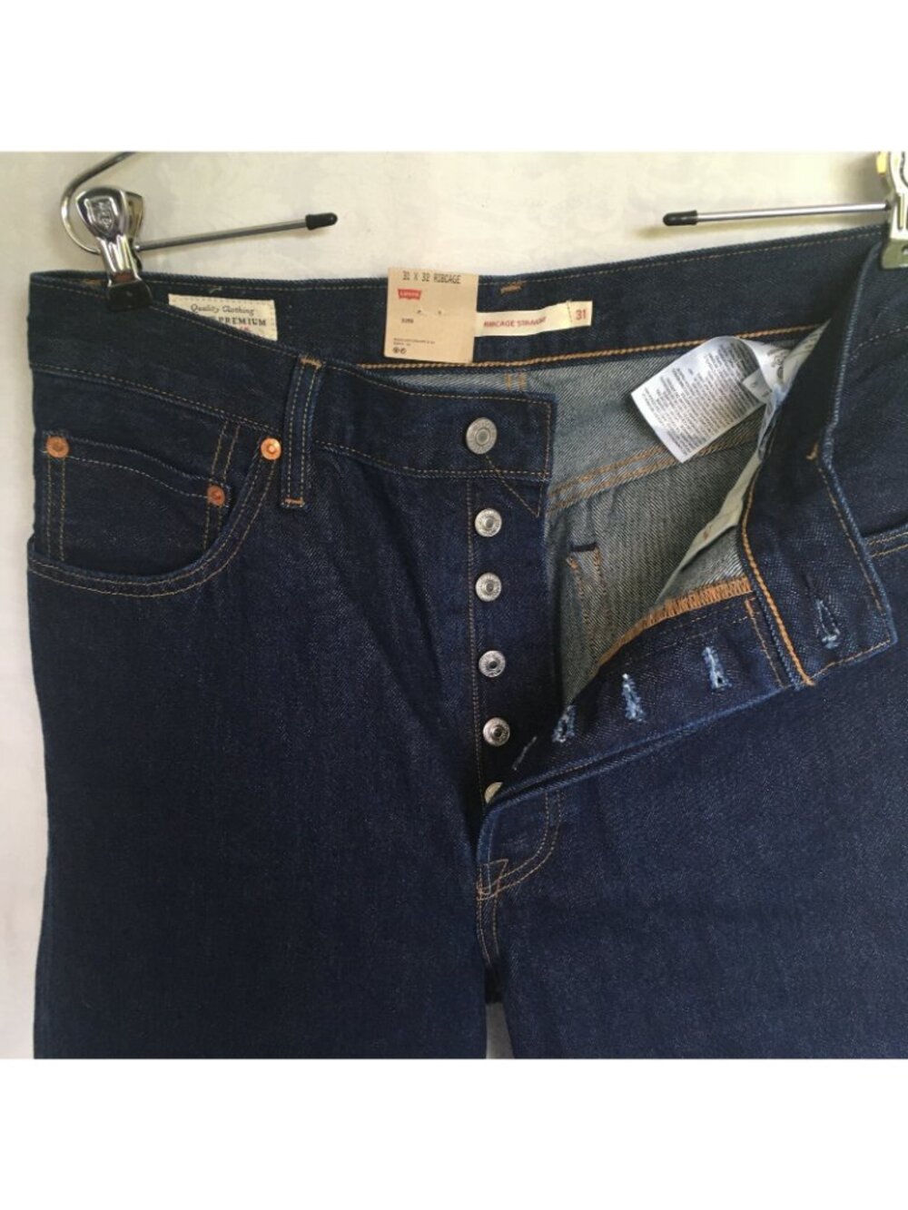 Levis Premium Hidden Button Fly Ribcage 31x32 Blue Jeans Raw Hem NWT - Picture 3 of 10